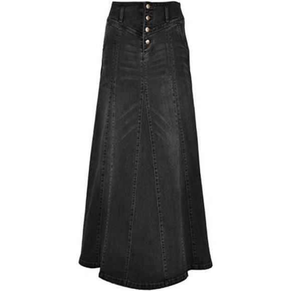 Women's Retro Exposure Button-Fly Packaged Hip A-Line Maxi Long Denim Skirt